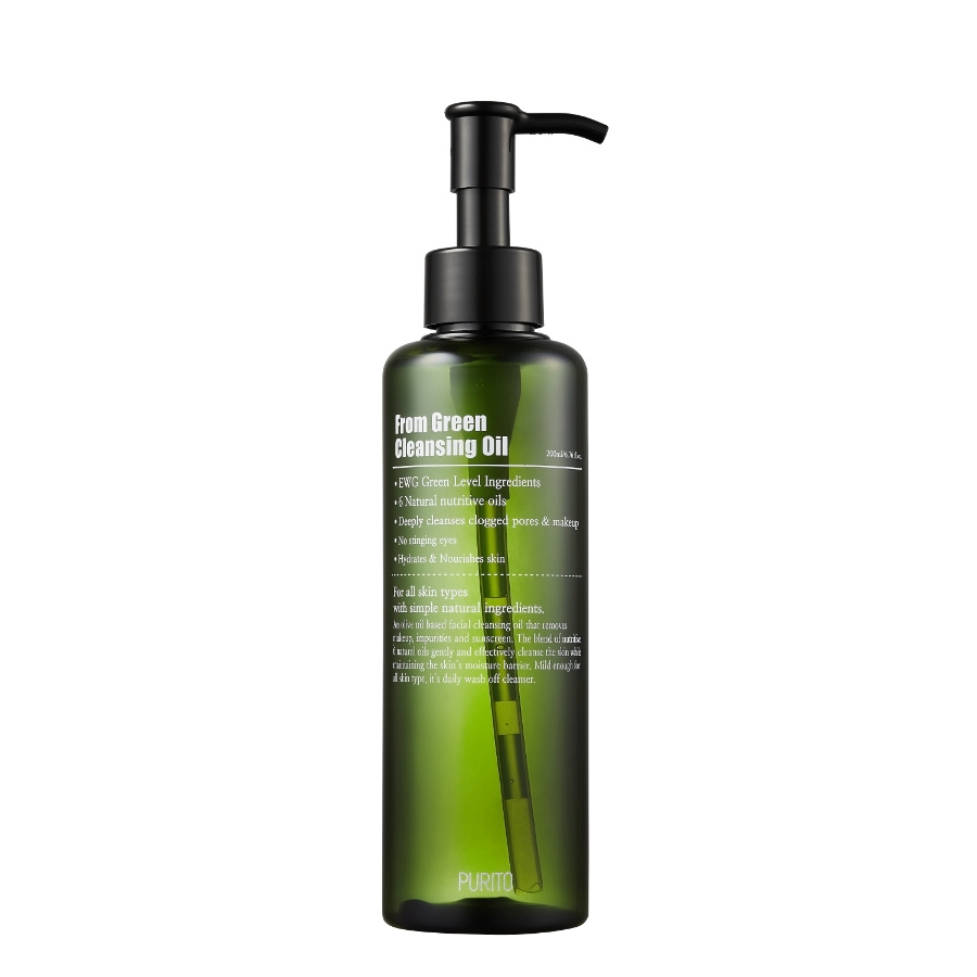 Purito From Green Cleansing Oil er en oljerens med oliven, jojoba og solsikkefrøolje som skånsomt og effektivt fjerner sminke, solkrem og  urenheter. Uten parfyme, alkohol og mineralolje. Passer alle hudtyper også sensitiv hud.