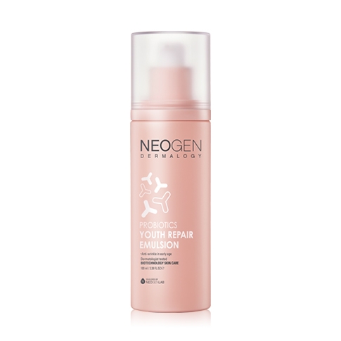 Neogen Probiotics Youth Repair Emulsion - Lett emulsjon med probiotika, hyaluronsyre og centella asiatica. som styrker hudbarrieren. Disse gode bakteriene hjelper huden mot ytre stress, regulerer oljeproduksjonen, bevarer fuktigheten samt roe ned inflamma